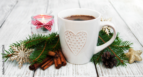 Cup of coffee and christmas decoration