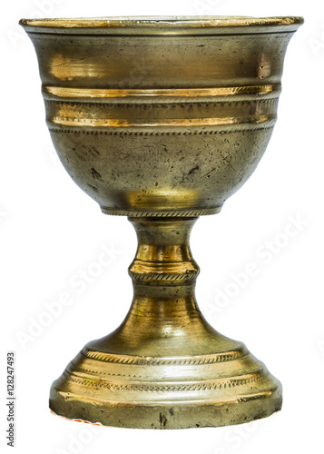 Ancient chalice of copper on white background photo