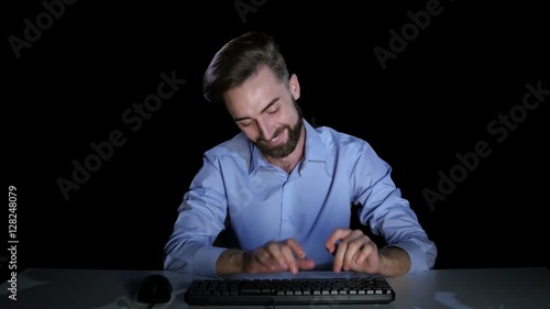 Man shyness rewritten woman chatting online. Emotions. Studio