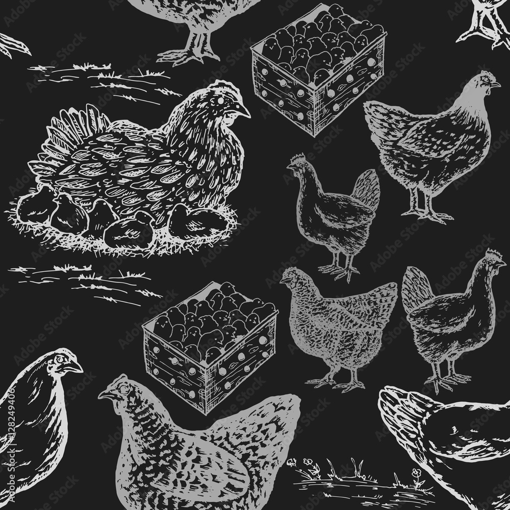 Hand drawn chicken farm seamless pattern in chalkboard style