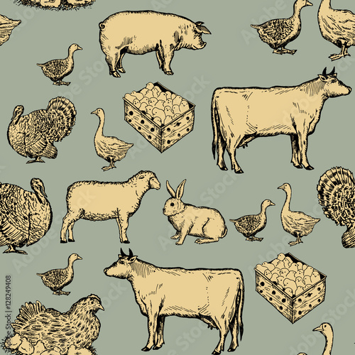 Farm animals seamless pattern cow, goose, chicken, pig, goat