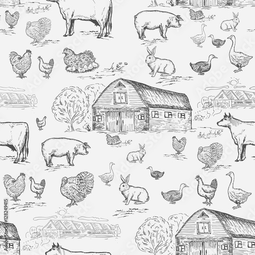 Farm animals seamless pattern, cows, geese, chickens, pigs