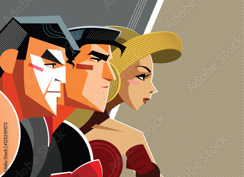 Superheroes man and woman together confront the threat. We are ready to repel an attack. Vector illustration