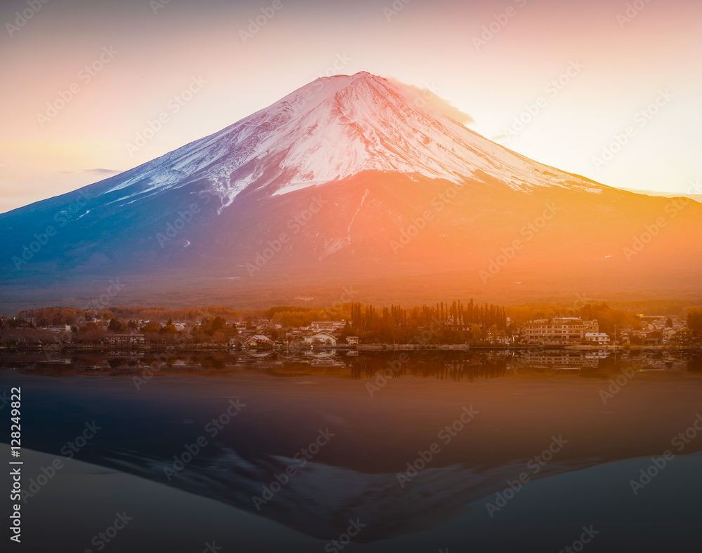Mount Fuji reflected in Lake Kawaguchi on sunset