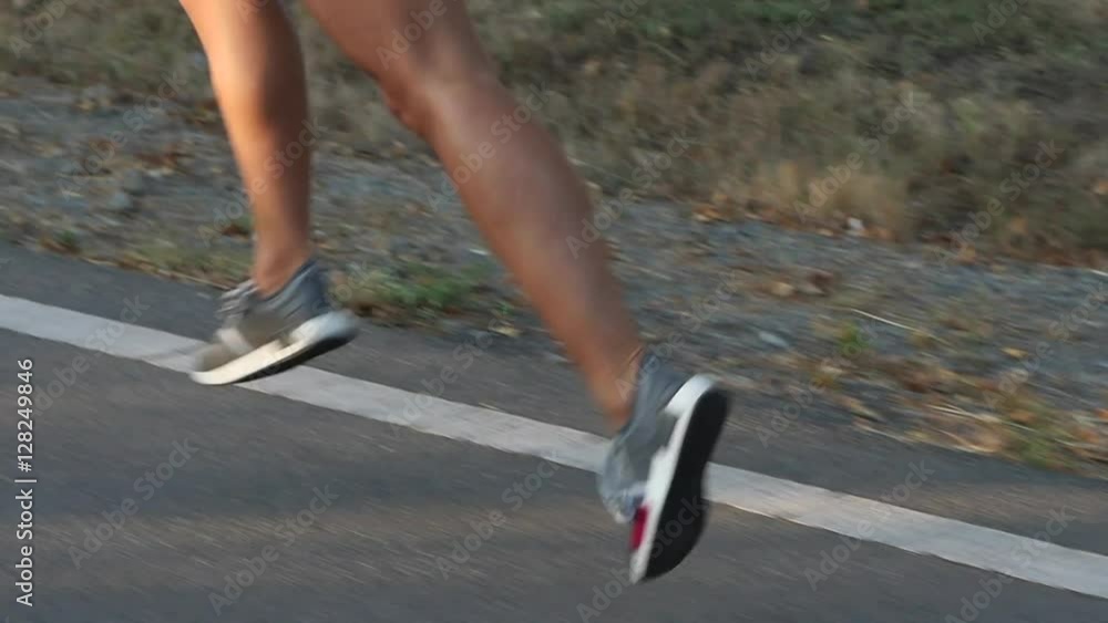 Sportswoman in short shorts for a morning jog. Slow motion Sportswoman in short shorts for a morning jog. Slow motion