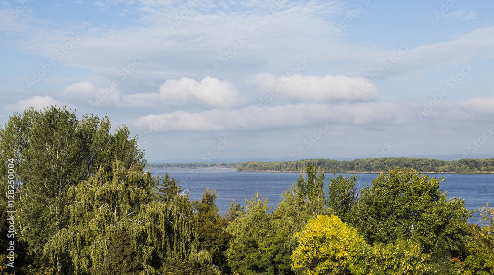 River landscape, September, Sunny day. Trees and clouds. Russia, Middle Volga