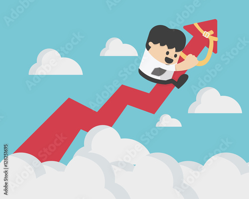 businessman on a red arrow pointing up to sky