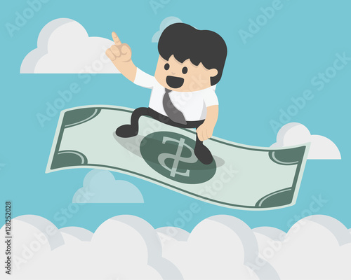 Successful Businessman sitting on the flying dollar magic carpet