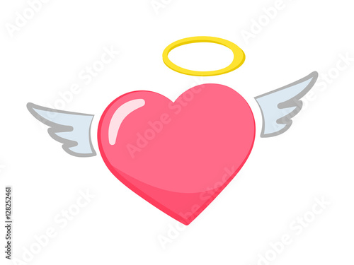 Heart with wings icon style isolated on white background. Vector Illustration. Comics cartoon style. Love romance symbol. Sticker, patch, badge, card for marriage, Valetine's Day, wedding sign