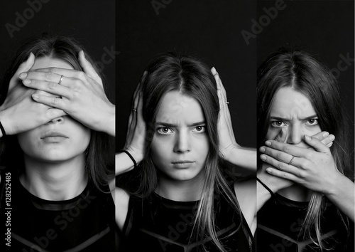 collage see no evil, hear no evil, speak no evil. Collage. The girl with long hair in b W