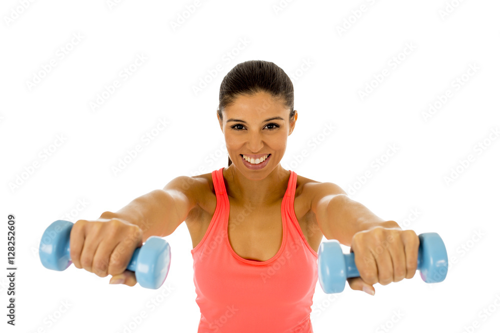 attractive happy latin woman holding weight dumbbell doing fitness workout attractive happy latin woman holding weight dumbbell doing fitness workout