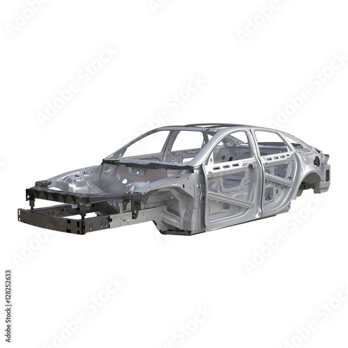 Carcass af a sedan car on white. 3D illustration