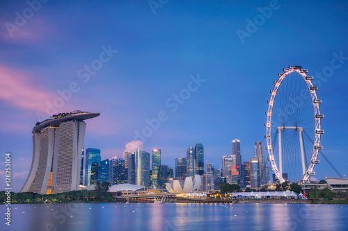 Singapore skyline at the Marina during twilight. photo