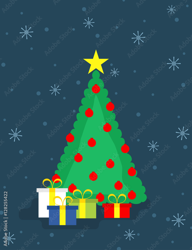 Flat style illustration of Christmas tree and presents Flat style illustration of Christmas tree and presents