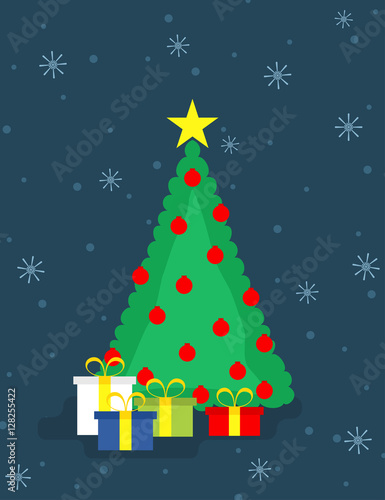 Flat style illustration of Christmas tree and presents