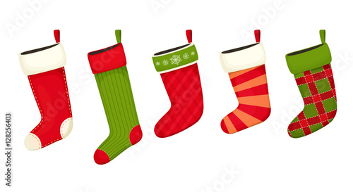 Christmas stockings red green colors. Hanging holiday decorations for gifts.