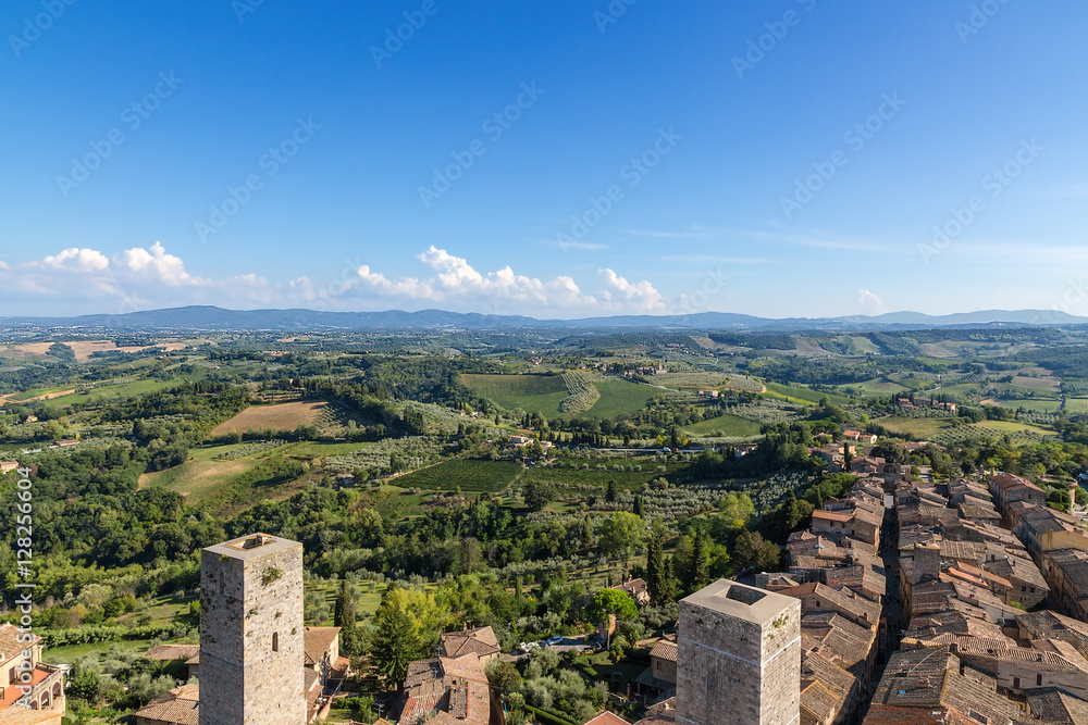 San Gimignano, Italy. View of the city and surrounding area from the Great Tower