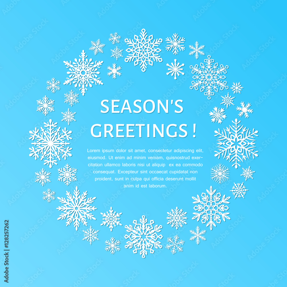 Cute snowflake poster, banner. Season greetings. Flat snow icons, snowfall. Nice snowflakes for christmas banner, cards. New year snowflake. Merry Christmas wreath Cute snowflake poster, banner. Season greetings. Flat snow icons, snowfall. Nice snowflakes for christmas banner, cards. New year snowflake. Merry Christmas wreath