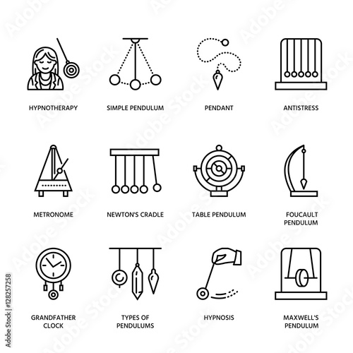 Vector line icon of pendulum types. Newton cradle, metronome, table pendulum, perpetuum mobile, gyroscope. Linear pictogram editable stroke for site, brochure of hypnosis, hypnotherapy. Pendulum logo.