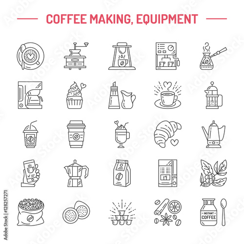 Vector line icons of coffee making equipment. Elements - moka pot, french press, coffee grinder, espresso, vending, coffee plant. Linear restaurant, shop pictogram with editable stroke for coffee menu