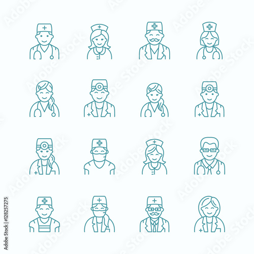 Cute vector line icon of doctor. Hospital, clinic linear logo. Outline doctor sign - surgeon, cardiologist, dentist, therapist, physician, nurse. Design element for site, medical business logotype
