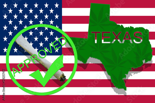 Texas  on cannabis background. Drug policy. Legalization of marijuana on USA flag,