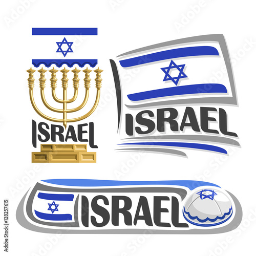Vector logo Israel, 3 isolated images: vertical banner hanukkah menorah on background israeli national state flag, symbol israel emblem star of david, israelite ensign flags, jewish cap kippah or kipa