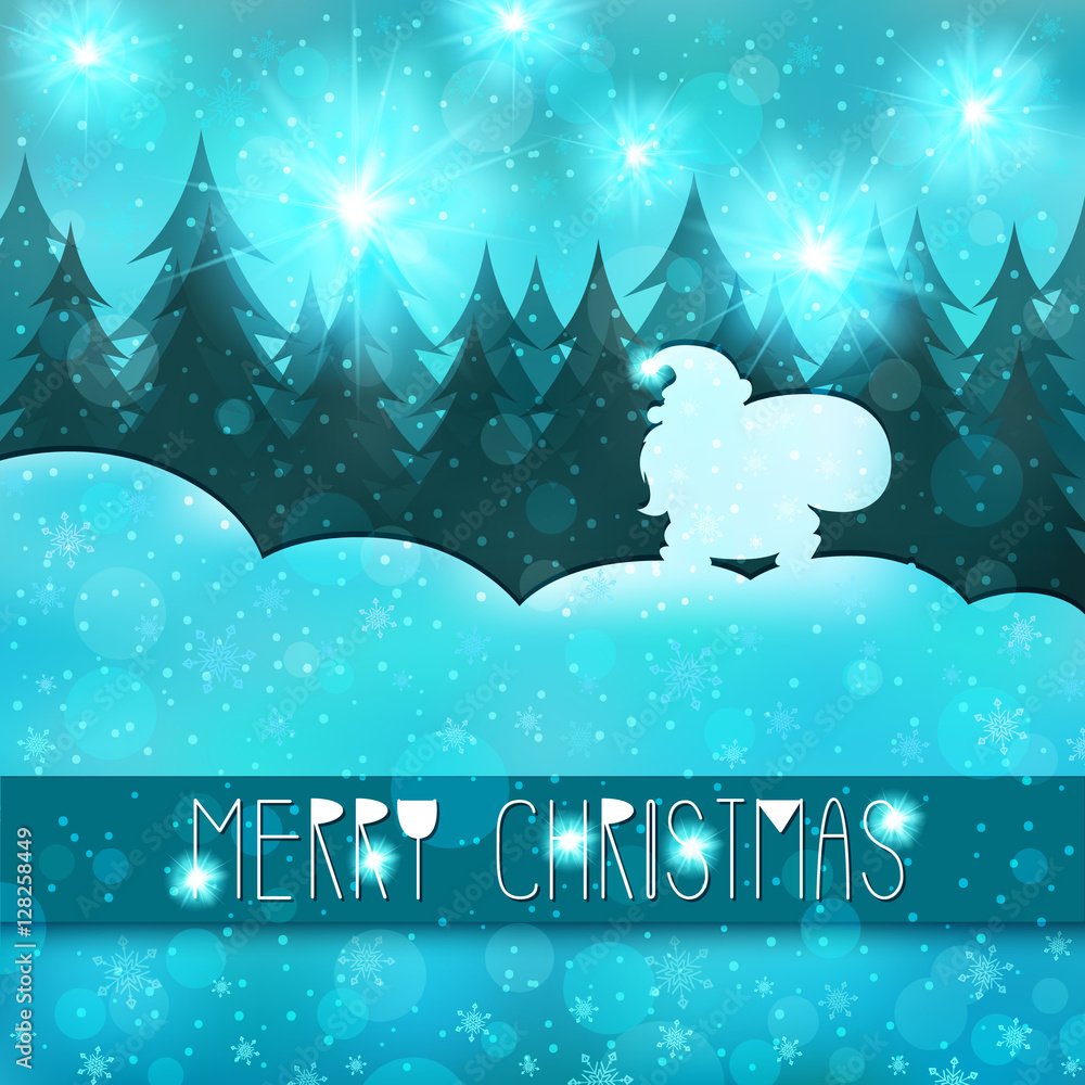 Merry Christmas, Happy New Year. Santa Claus goes through the woods with a bag of gifts.Winter landscape, snow, snowflakes, snowdrifts. Xmas greeting card. Creative artistic design.Vector illustration Merry Christmas, Happy New Year. Santa Claus goes through the woods with a bag of gifts.Winter landscape, snow, snowflakes, snowdrifts. Xmas greeting card. Creative artistic design.Vector illustration