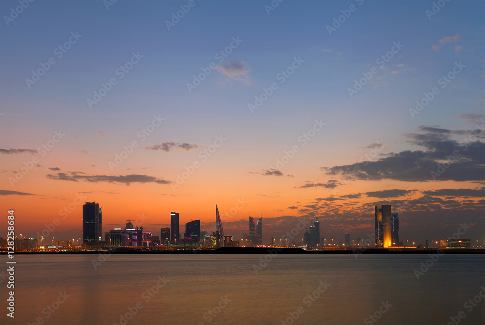Bahrain Skyline durning blue hour after sunset