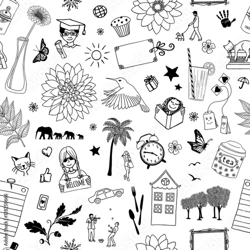 Seamless doodle pattern with random objects