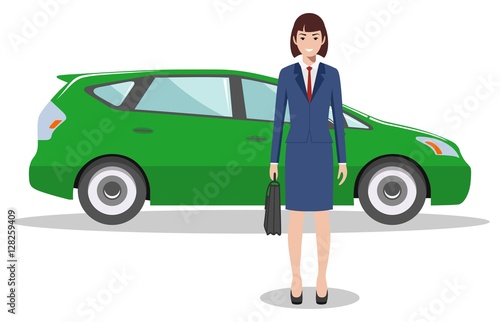 American, european businessman standing near the car on white background in flat style. Detailed illustration of automobile and man. Business concept. Flat design people character.