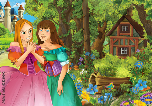 Cartoon scene with cute royal charming girls near the wood with wooden house - illustration for children