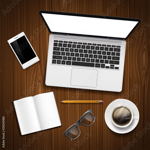 Laptop and Office stationery on the table. Workplace businessman