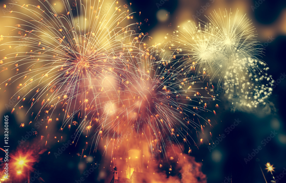 Fototapeta premium Fireworks at New Year and copy space
