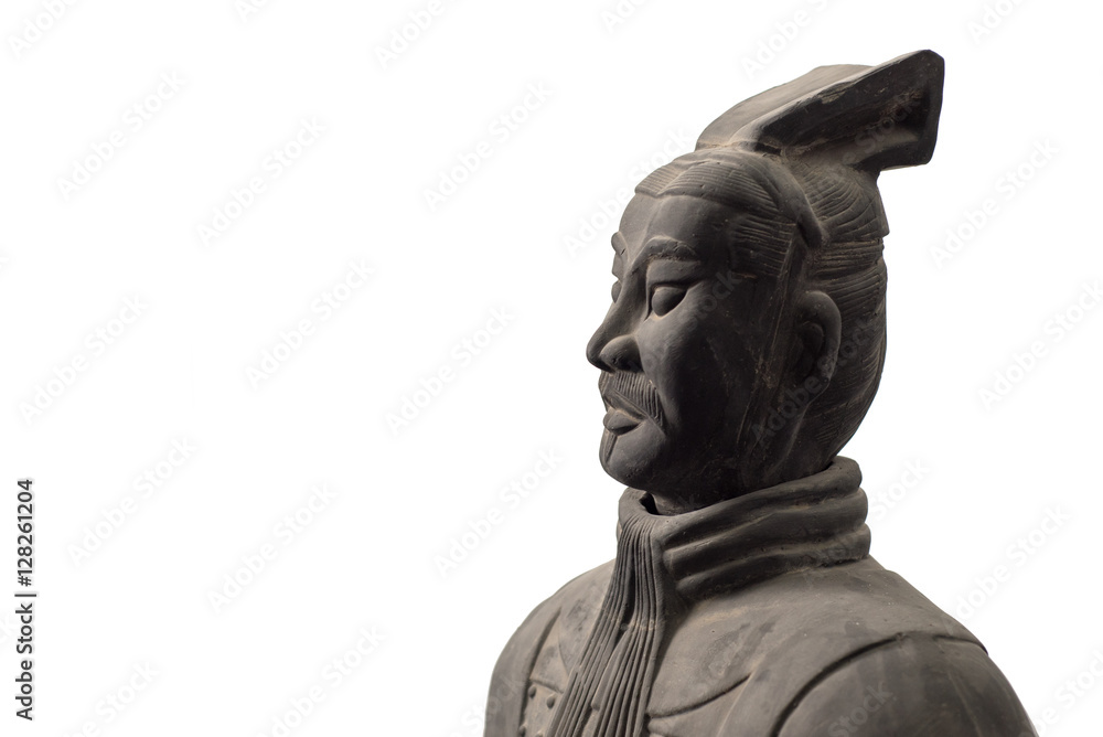 Half profile of Chinese terracotta warrior statue isolated on white background with copy space Half profile of Chinese terracotta warrior statue isolated on white background with copy space