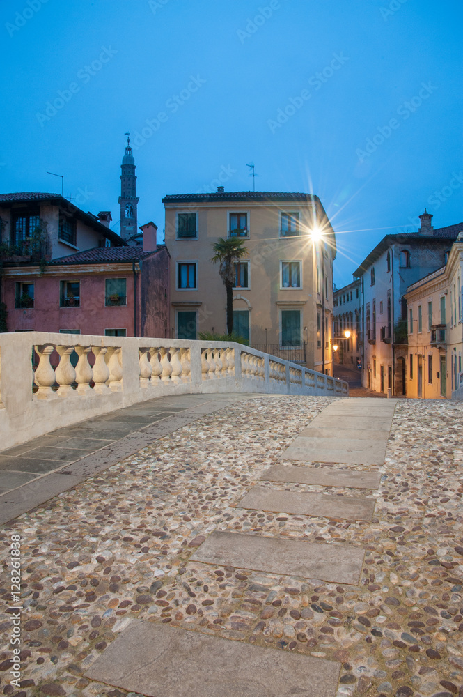 Night view of the old stone San Michele bridge, Vicenza, Italy