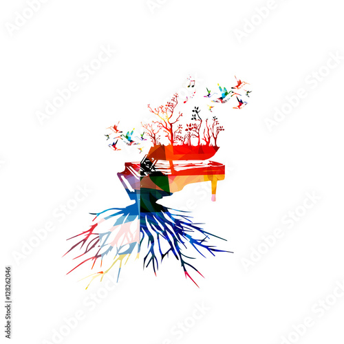 Colorful piano with hummingbirds. Music background. Music instrument poster with music notes. Piano with tree root. Music notes, music equipment design. Piano with trees isolated. Piano vector