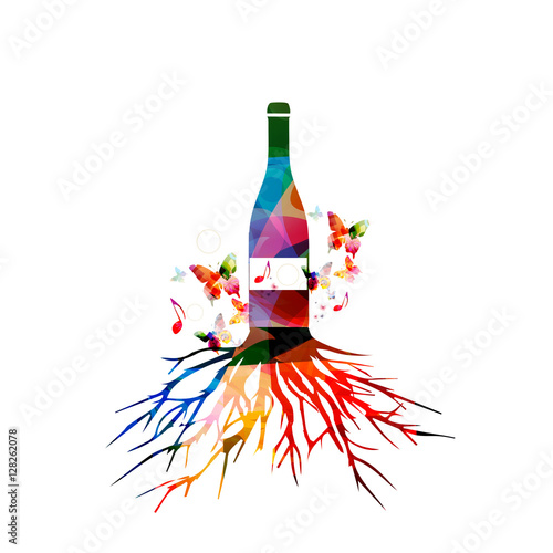 Colorful wine bottle with tree root vector illustration. Alcohol drinks and beverage background. Festive celebrations, events and party design. Winery, restaurant, wine tasting design. Bottle isolated