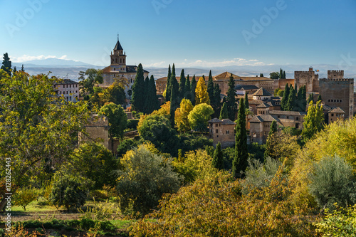 Panoramic Alhambra gardens in autumn colors