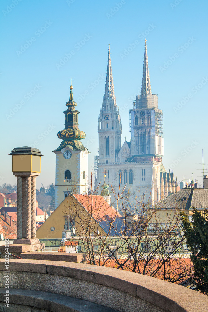 Fototapeta premium Cathedral in Zagreb, Croatia, view from Upper town