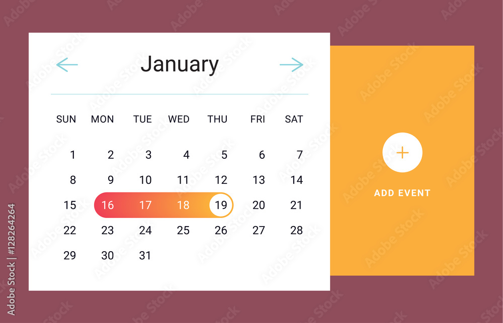 Calendar UI UX element. Calendar widget event. Vector illustration
