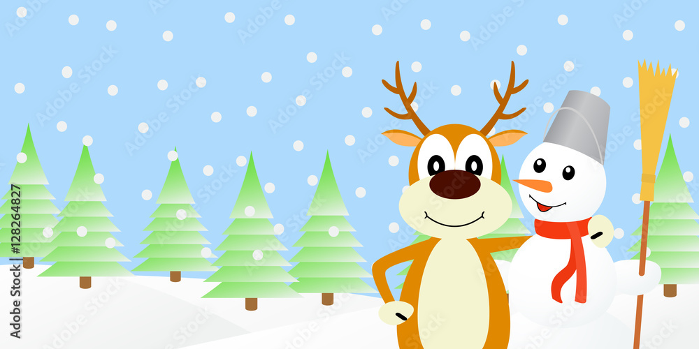Illustration the deer and the snowman. Illustration the deer and the snowman.