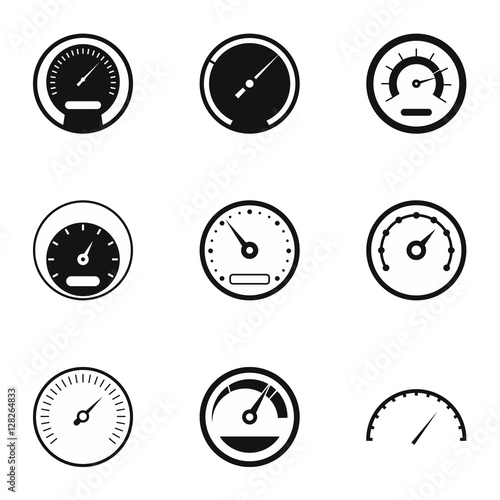 Types of speedometers icons set. Simple illustration of 9 types of speedometers vector icons for web