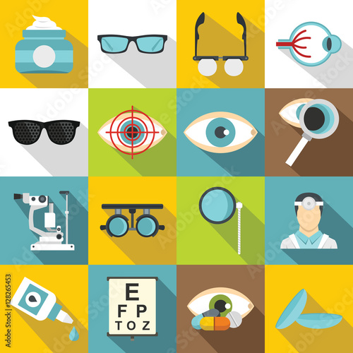 Ophthalmologist tools icons set. Flat illustration of 16 ophthalmologist tools vector icons for web