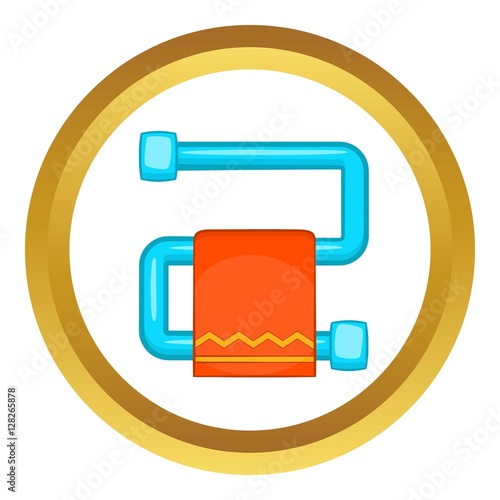 Heated towel rail with orange towel vector icon in golden circle, cartoon style isolated on white background