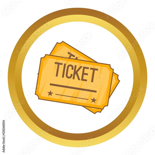 Ticket vector icon in golden circle, cartoon style isolated on white background