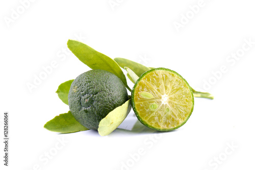 Group of green calamondin and leaf used instead of lemon isolated on white background