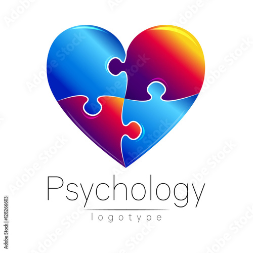 Modern logo of Psychology. Puzzle heart. . Creative style. Logotype in vector. Design concept. Brand company. Blue and grief red color on white background. Symbol for web, print, card, flyer.