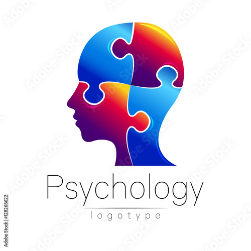 Modern head puzzle logo of Psychology. Profile Human. Creative style. Logotype in vector. Design concept. Brand company. Blue color isolated on white background. Symbol for web, print, card, flyer.