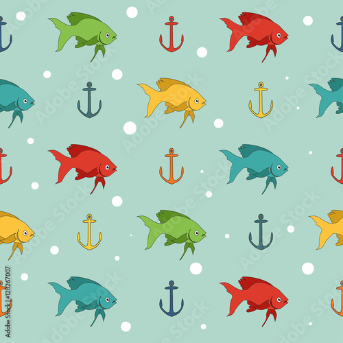 Abstract seamless pattern for girls or boys. Creative vector background with small fish, anchor Funny wallpaper for textile and fabric. Fashion style. Colorful bright picture for children. Multicolor